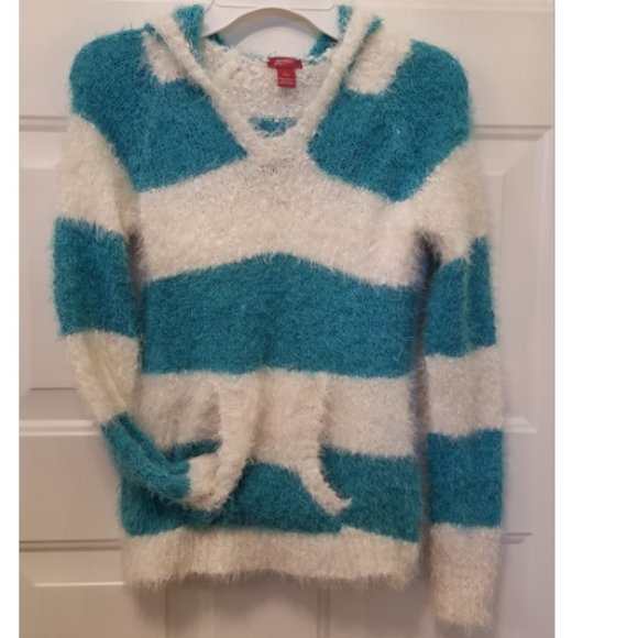 Girls Turquoise & White Striped Super Soft Sweater - Picture 1 of 4